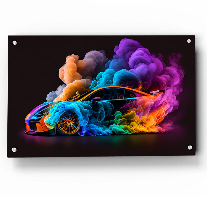 Colorful car with smoke effects on a black background